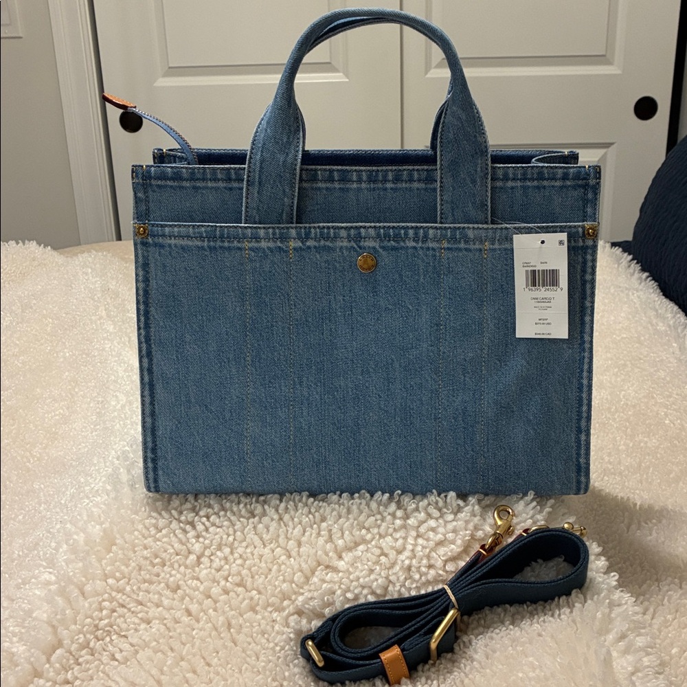 Coach Large Denim Cargo Tote with Removable Navy Strap NWT - Picture 2 of 9
